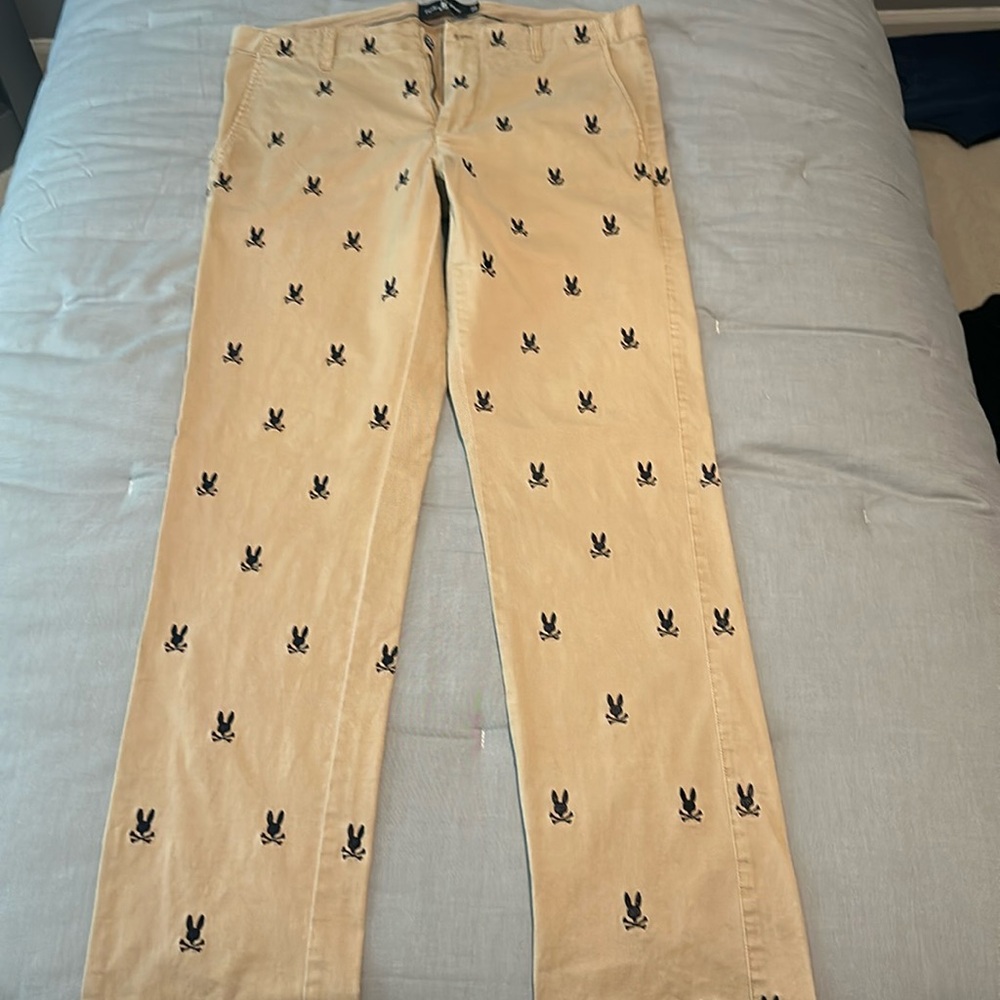 Psycho bunny khaki pants with bunny’s all over, size 34 waist 32 length